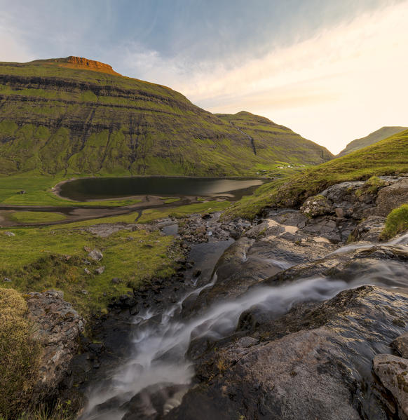 Panoramic of Lake Saksunarvatn surrounded by mountains, Saksun, Streymoy Island, Faroe Islands