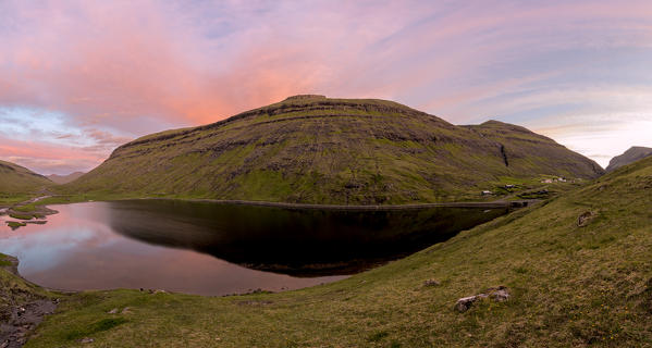Panoramic of Lake Saksunarvatn at sunset, Saksun, Streymoy Island, Faroe Islands