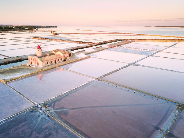 Aerial view of salt flats at sunrise, Saline dello Stagnone, Marsala, province of Trapani, Sicily, Italy