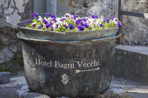 A vase full of flowers at the entrance of a hotel close to the spa of Bagni Vecchi Bormio Upper Valtellina Lombardy Italy 