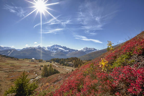 Sunburst on Cima Piazzi, Val Vezzola, Valdidentro, Valtellina, Sondrio province, Lombardy, Italy