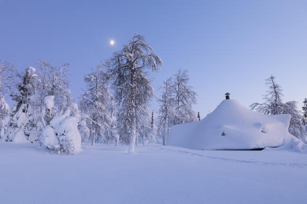 Typical wood chalet called Pallas Kota inside Pallas-Yllastunturi National Park, Muonio, Lapland, Finland