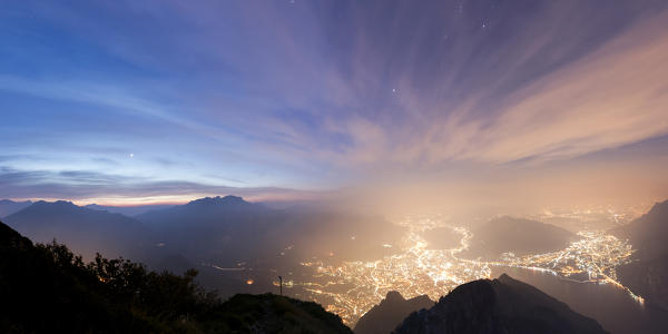 Panoramic of Lecco and Monte Resegone seen from Monte Coltignone at dawn, Lombardy, Italy