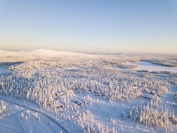 Aerial view of forest and hills covered with snow, Levi, Kittila, Lapland, Finland