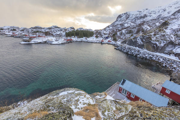 Elevated view of fishing village and sea, Nusfjord, Lofoten Islands, Norway