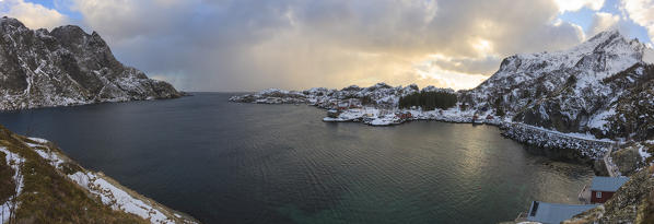 Panoramic of the fishing village of Nusfjord, Lofoten Islands, Norway