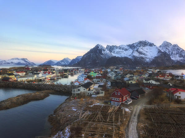 Elevated view of the fishing village of Henningsvaer, Vagan municipality, Lofoten Islands, Norway