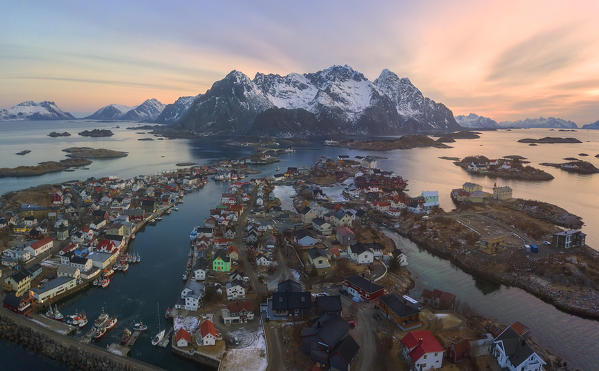 Panoramic aerial view of Henningsvaer, Vagan municipality, Lofoten Islands, Norway