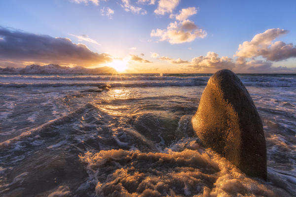 Sunset on the rough sea, Vikten, Flakstad municipality, Lofoten Islands, Norway