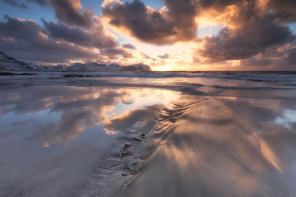 Sunset on sandy beach, Vikten, Flakstad municipality, Lofoten Islands, Norway