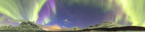 Panoramic of northern lights, Skoddebergvatnet, Grovfjord, Troms county, Lofoten Islands, Norway