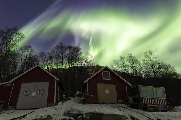 Northern Lights on typical Rorbu, Tovik, Skanland municipality, Troms county, Lofoten Islands, Norway