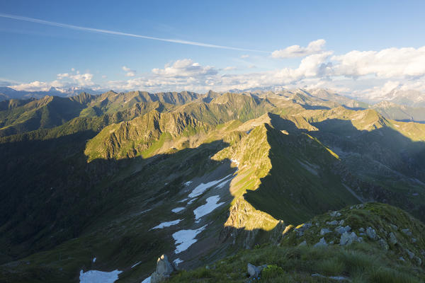 Overview of Val Tartano and Bergamo Orobie Alps from Monte Azzarini, Albaredo Valley, Orobie Alps, Lombardy, Italy