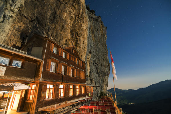 Aescher-Wildkirchli Gasthaus and outdoor restaurant at night, Ebenalp, Appenzell Innerrhoden, Switzerland