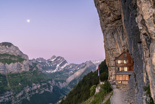 Aescher-Wildkirchli Gasthaus at dusk, Ebenalp, Appenzell Innerrhoden, Switzerland