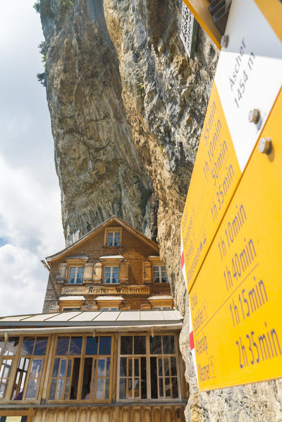 Signpost of hiking trails, Aescher-Wildkirchli Gasthaus, Ebenalp, Appenzell Innerrhoden, Switzerland