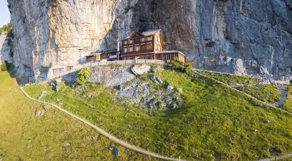 Elevated view of Aescher-Wildkirchli Gasthaus, Ebenalp, Appenzell Innerrhoden, Switzerland