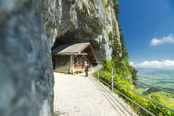 Wood hut and prehistoric caves, Wildkirchli, Ebenalp, Appenzell Innerrhoden, Switzerland