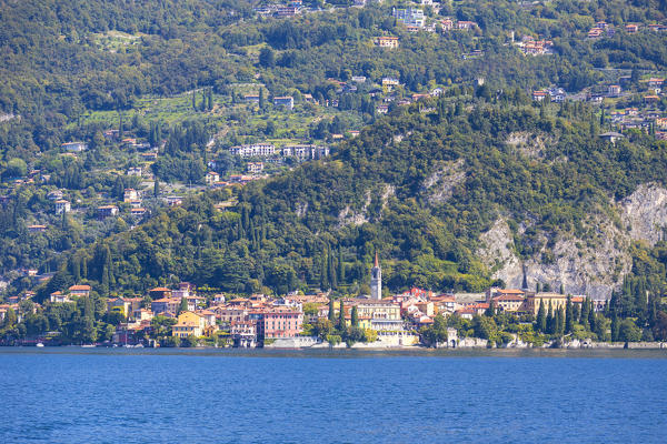 The iconic village of Varenna seen from a boat trip on Lake Como, Lecco province, Lombardy, Italy