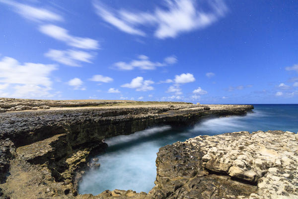 Rough sea and cliffs at night, Devil's Bridge, Antigua, Antigua and Barbuda, Caribbean, Leeward Islands, West Indies