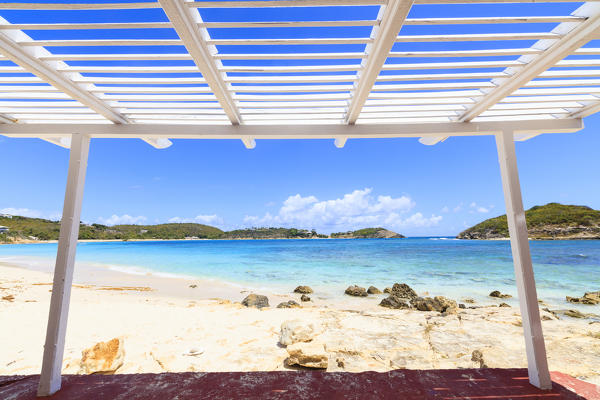 Wood gazebo on sand beach, Exchange Bay,  Antigua, Antigua and Barbuda, Caribbean, Leeward Islands, West Indies