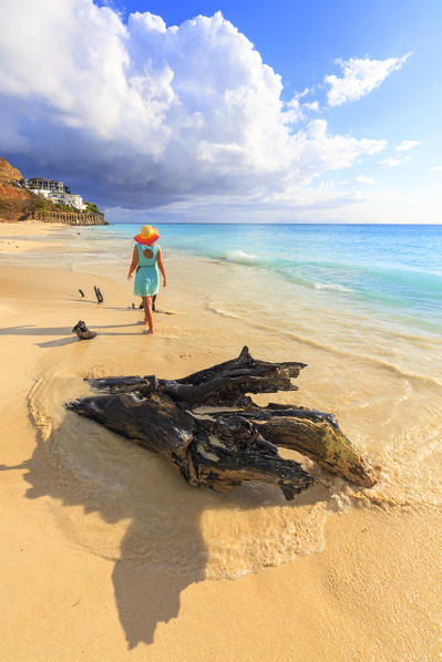 Rear view of woman with hat walking on Ffryes Beach, Antigua, Antigua and Barbuda, Leeward Islands, West Indies