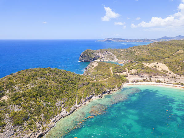 Elevated view of turquoise sea and sand beach, Half Moon Bay, Antigua and Barbuda, Caribbean, Leeward Islands, West Indies