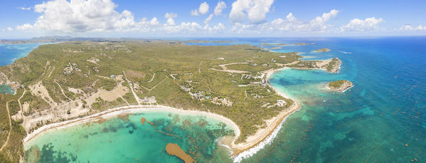 Panoramic elevated view of Half Moon Bay and Exchange Bay, Antigua, Antigua and Barbuda, Caribbean, Leeward Islands, West Indies