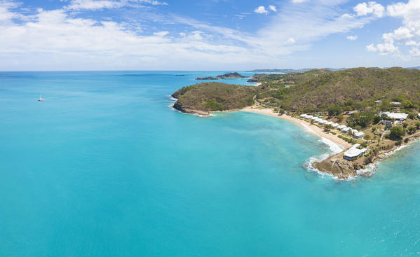 Panoramic elevated view of Hawksbill Bay and Beach, Antigua, Antigua and Barbuda, Caribbean, Leeward Islands, West Indies