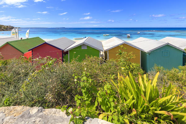 Multi colored beach huts, Long Bay, Antigua, Antigua and Barbuda, Caribbean, Leeward Islands, West Indies