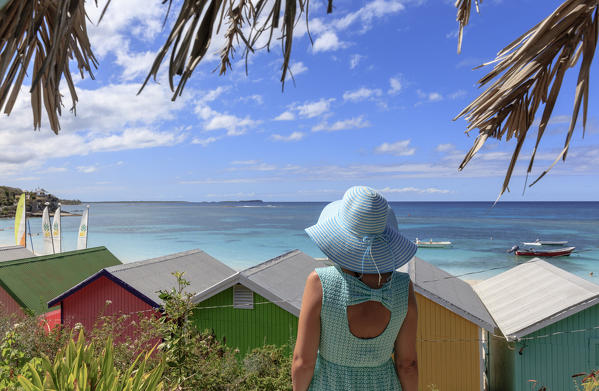 Rear view of woman looking at sea, Long Bay, Antigua, Antigua and Barbuda, Leeward Islands, West Indies