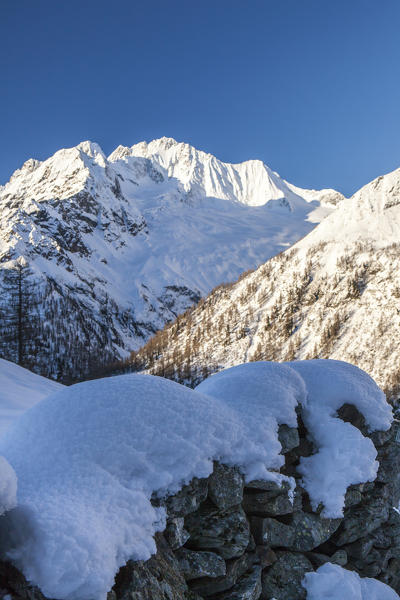 Sunrise on the snowy peak of Monte Vazzeda, Alpe dell'Oro, Valmalenco, Valtellina, Sondrio province, Lombardy, Italy