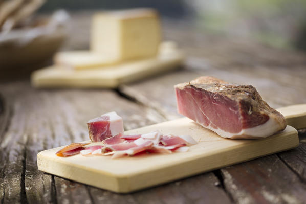 a piece of bacon, (speck), Bolzano province, South Tyrol, Trentino Alto Adige, Italy, 