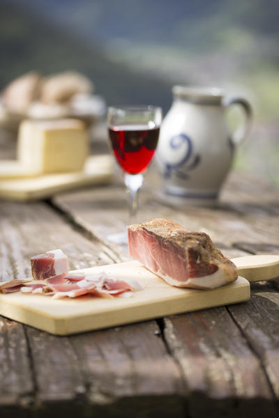 still life of a piece of bacon, (speck), Bolzano province, South Tyrol, Trentino Alto Adige, Italy,