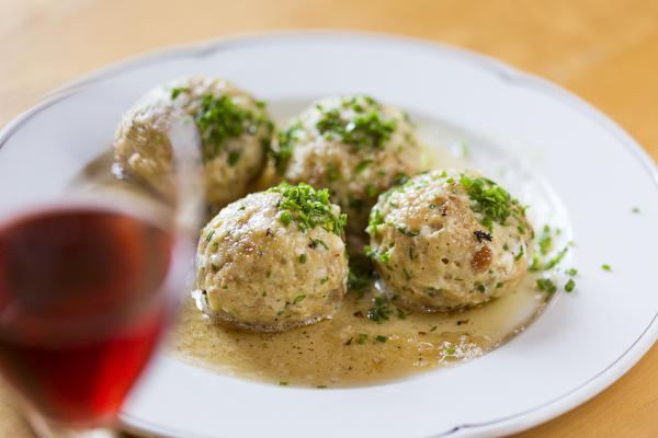 a plate of dumplings, (canederli), Bolzano province, South Tyrol, Trentino Alto Adige, Italy, 