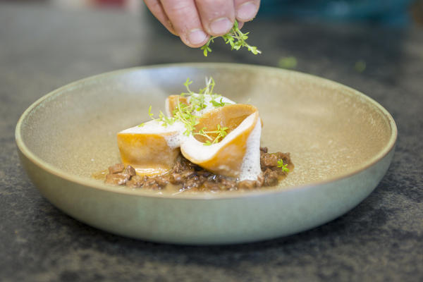 the mise en place of Roast flour ravioli with celery and deer ragout, bolzano province, south tyrol, trentino alto adige, italy