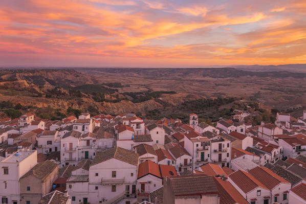 The typical white buildings of Pisticci at sunset, Pisticci, Matera, Basilicata, Italy, Europe