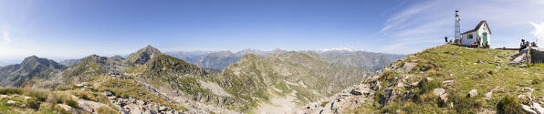 Panoramic view from the summit of the Monte Camino on the mountains of Biella above Oropa: the Matterhorn and the Monte Rosa on background. (Oropa Valley, Biella, Biella province, Piedmont, Italy, Europe)
