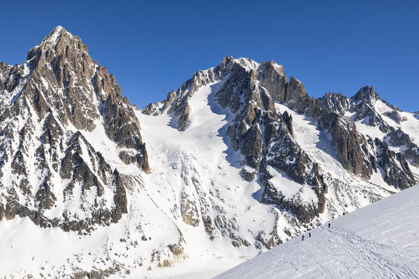 Skiers go down to the Argentiere Glacier at the beginning of Haute Route Chamonix Zermatt (Col Des Rachasses, Argentiere, Chamonix-Mont-Blanc, Haute-Savoie, France, Europe)