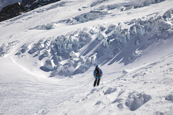 Freerider on Rognons Glacier during the descent to the Argentiere Glacier at the beginning of Haute Route Chamonix Zermatt (Argentiere, Chamonix-Mont-Blanc, Haute-Savoie, France, Europe) (MR)