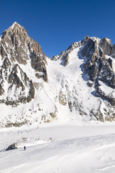 Freerider on Rognons Glacier during the descent to the Argentiere Glacier at the beginning of Haute Route Chamonix Zermatt (Argentiere, Chamonix-Mont-Blanc, Haute-Savoie, France, Europe) (MR)