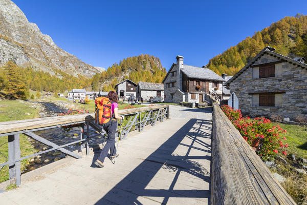 A girl is walking at Alp Crampiolo in autumn season, Alpe Veglia and Alpe Devero Natural Park (Alpe Devero, Baceno, Antigorio Valley, Verbano Cusio Ossola province, Piedmont, Italy, Europe) (MR)