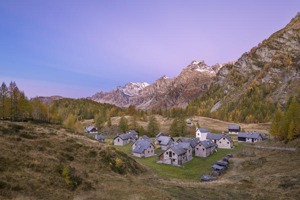 The Alp Crampilo at dusk in autumn season, Alpe Veglia and Alpe Devero Natural Park (Alpe Devero, Baceno, Antigorio Valley, Verbano Cusio Ossola province, Piedmont, Italy, Europe)