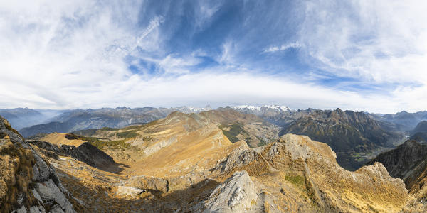 Panoramic view of the Alps from the Mont Blanc to the Monte Rosa from the Zerbion peak (Antagnod, Ayas Valley, Aosta province, Aosta Valley, Italy, Europe)