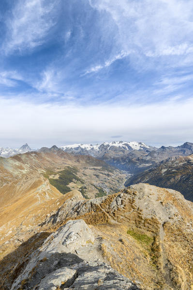 View from from the Zerbion peak: the Matterhorn and the Monte Rosa Massif (Antagnod, Ayas Valley, Aosta province, Aosta Valley, Italy, Europe)