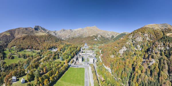 Panoramic view of the Marian Sanctuary of Oropa surrounded by the Alps of Biella (Biella, Biella province, Piedmont, Italy, Europe)