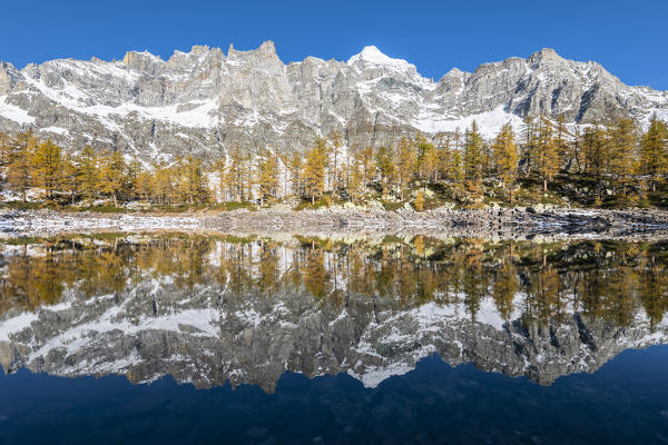 Mountains reflected in the Nero Lake in autumn (Buscagna Valley, Alpe Devero, Alpe Veglia and Alpe Devero Natural Park, Baceno, Verbano Cusio Ossola province, Piedmont, Italy, Europe)