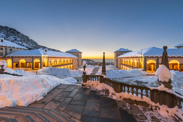 Inside the Marian Sanctuary of Oropa after an heavy snowfall at morning twilight (Biella, Biella province, Piedmont, Italy, Europe)