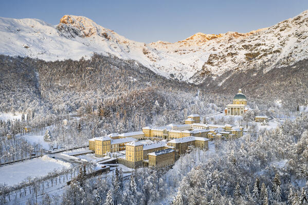 The Marian Sanctuary of Oropa after an heavy snowfall at dawn (Biella, Biella province, Piedmont, Italy, Europe)