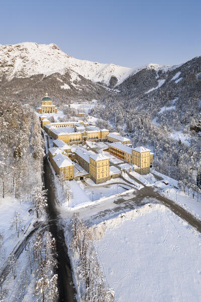 The Marian Sanctuary of Oropa after an heavy snowfall at dawn (Biella, Biella province, Piedmont, Italy, Europe)